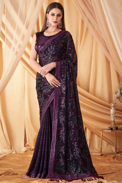 Plum Purple Georgette Silk Embroidered Designer Saree