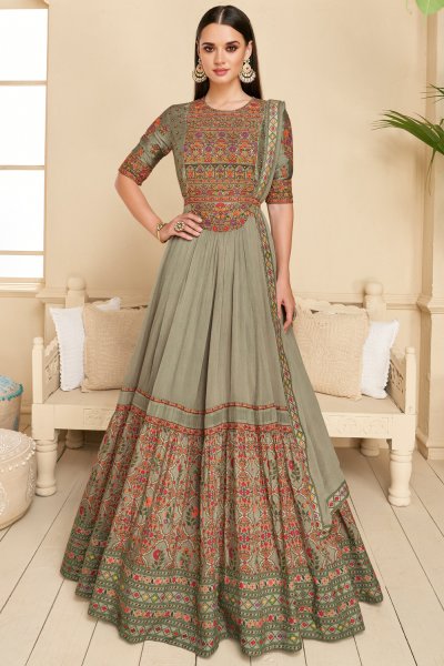 Olive Grey Green Silk Embroidered Anarkali Dress With Dupatta