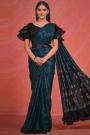 Pre-Draped Quick Wear Prussian Blue & Black Georgette Bordered Designer Saree With Belt
