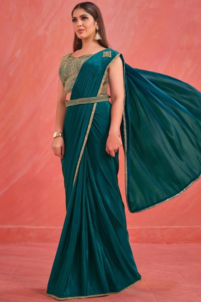 Pre-Draped Quick Wear Teal Luxe Fabric Bordered Designer Saree With Belt