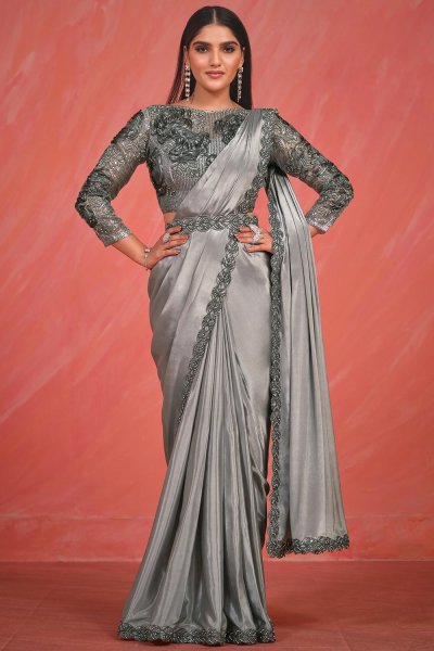 Pre-Draped Quick Wear Silver Grey Luxe Fabric Bordered Designer Saree With Belt