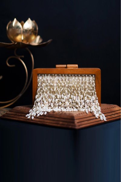 Wooden Clutch Bag With Ivory Tassel Detail