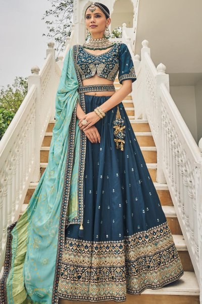 Prussian Blue Silk Embroidered Lehenga Set With Belt