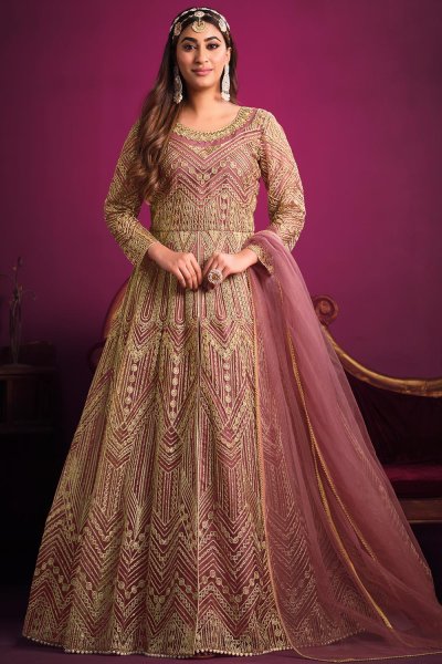 Blush Pink Net Embroidered Front Slit Anarkali Dress