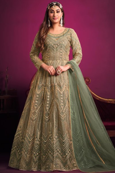 Sage Green Net Embroidered Front Slit Anarkali Dress