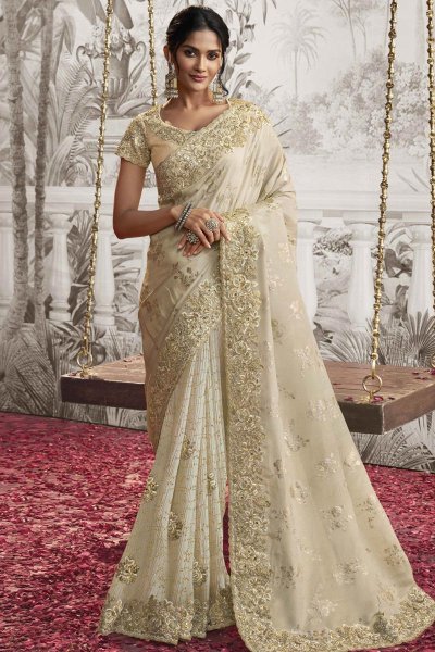 Ivory Gold Luxe Fabric Embroidered Saree