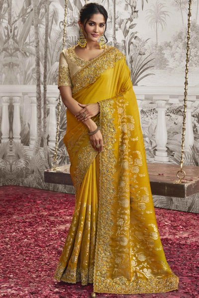 Mustard Luxe Fabric Embroidered Saree