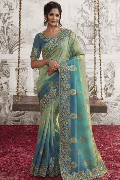 Mint & Blue Luxe Fabric Embroidered Saree