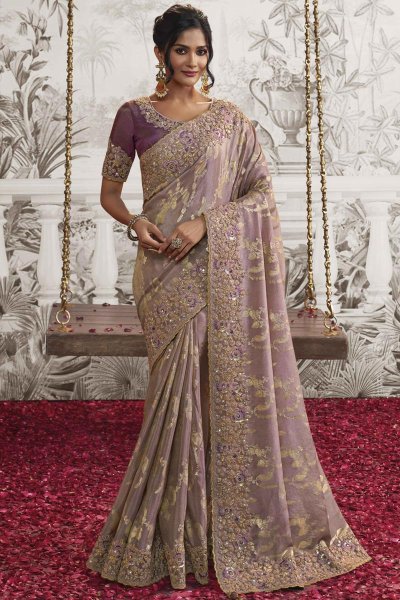 Mauve Luxe Fabric Embroidered Saree