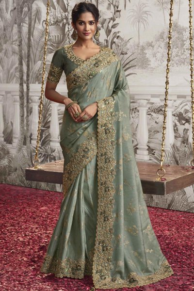 Sage Green Luxe Fabric Embroidered Saree