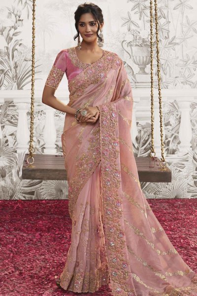 Blush Pink Luxe Fabric Embroidered Saree