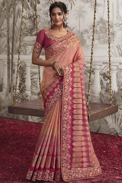 Peach Pink Luxe Fabric Embroidered Saree