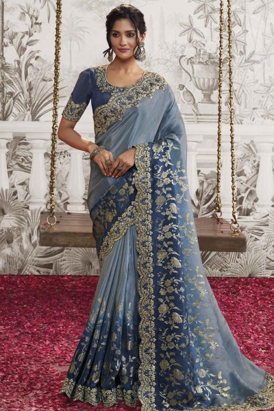 Cornflower Blue Luxe Fabric Embroidered Saree