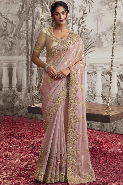 Light Pink Luxe Fabric Embroidered Saree