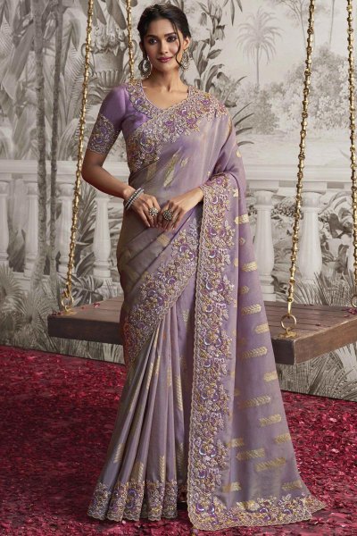 Lilac Luxe Fabric Embroidered Saree
