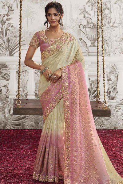 Ivory & Pink Luxe Fabric Embroidered Saree