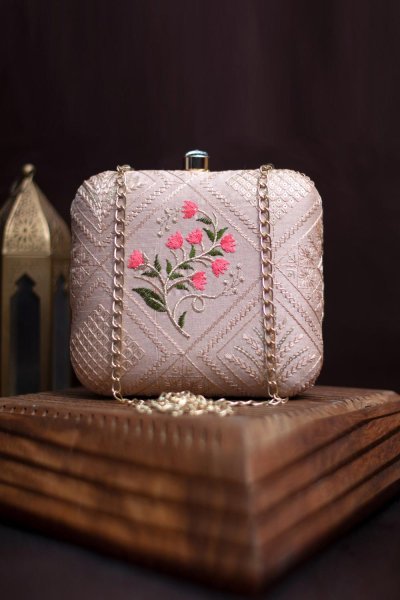 Light Mauve Embroidered Ethnic Clutch Bag