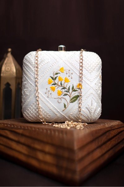 Ivory Embroidered Ethnic Clutch Bag