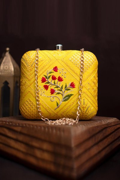 Yellow Embroidered Ethnic Clutch Bag