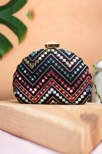 Black Embroidered Ethnic Clutch Bag