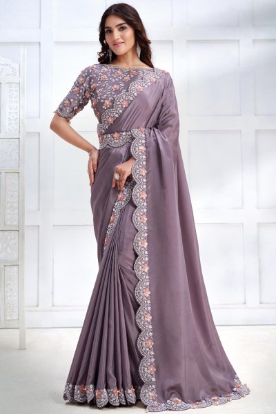 Lilac Luxe Fabric Embroidered Saree With Belt