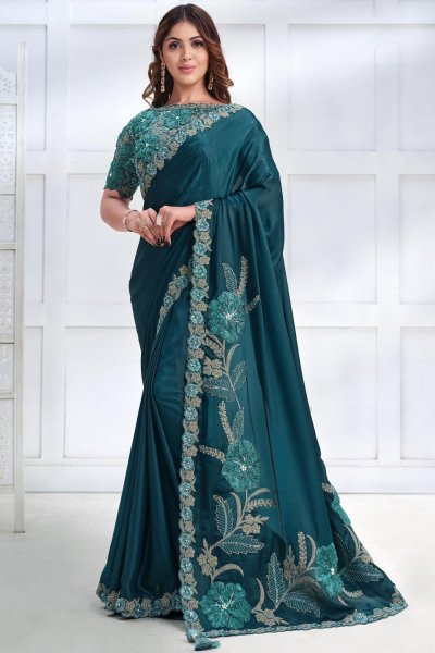 Teal Luxe Fabric Embroidered Saree