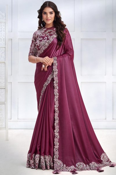 Maroon Luxe Fabric Embroidered Saree