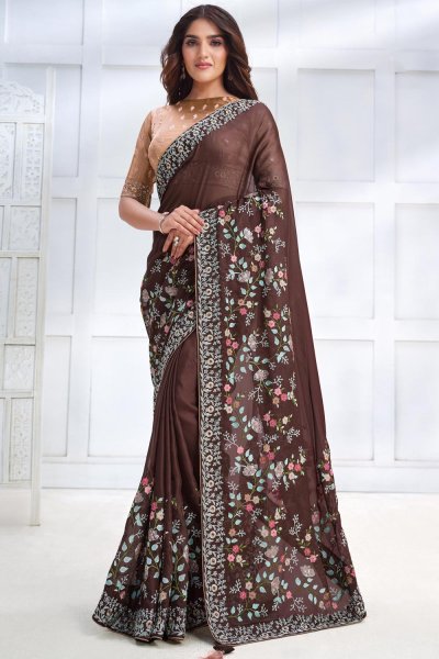Chocolate Brown Luxe Fabric Embroidered Saree
