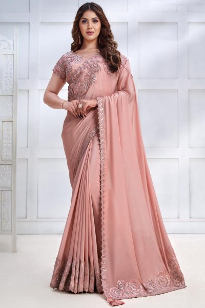 Peach Luxe Fabric Embroidered Saree