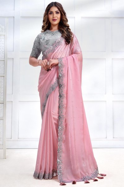 Blush Pink Luxe Fabric Embroidered Saree