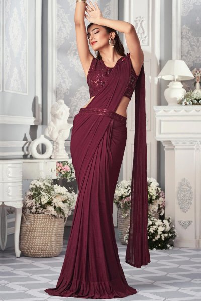 Pre-Draped Maroon Designer Embroidered Lycra Saree With Belt