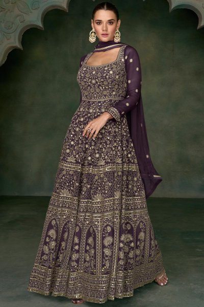 Plum Purple Georgette Embroidered Anarkali Dress With Dupatta
