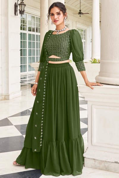 Forest Green Indo-Western Georgette Embroidered Lehenga Set With Belt