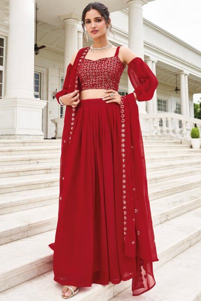Red Indo-Western Georgette Embroidered Lehenga Set