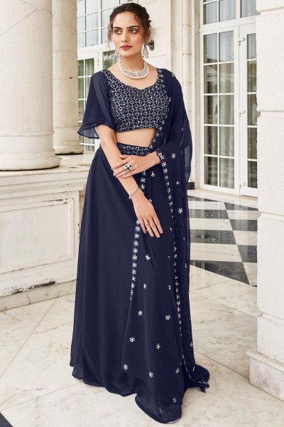 Navy Blue Indo-Western Georgette Embroidered Lehenga Set With Belt