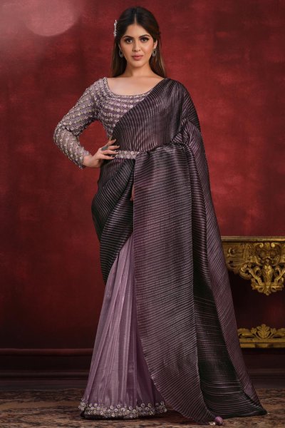 Plum Purple Banarasi Silk Embroidered Designer Saree With Belt