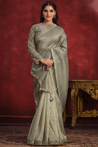 Sage Green Banarasi Crush Silk Embroidered Designer Saree With Belt