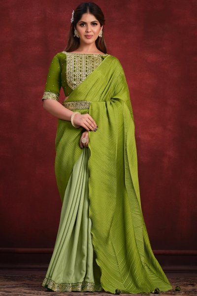 Kiwi Green Luxe Fabric Embroidered Designer Saree With Belt