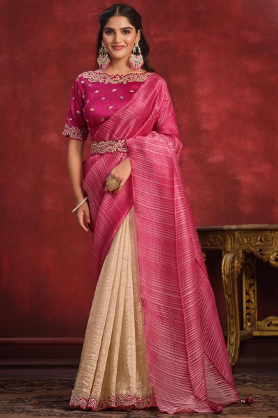 Ivory & Pink Banarasi Crush Silk Embroidered Designer Saree With Belt