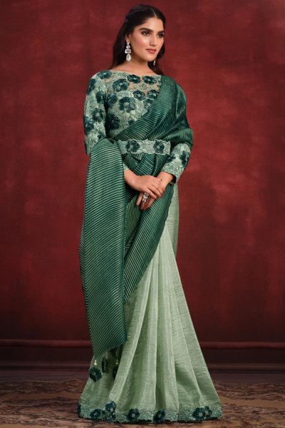 Mint & Dark Green Banarasi Crush Silk Embroidered Designer Saree With Belt