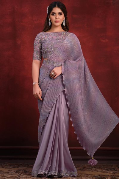 Lilac Luxe Fabric Embroidered Designer Saree With Belt