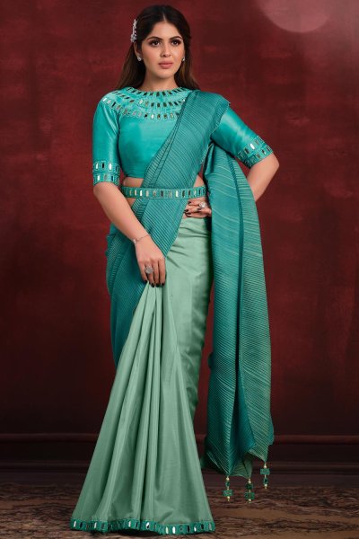 Turquoise Luxe Fabric Embroidered Designer Saree With Belt