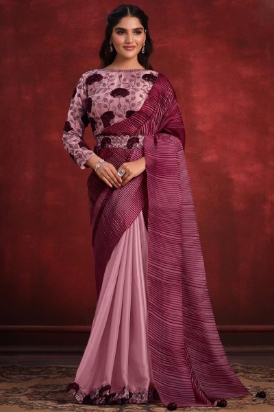 Pink & Maroon Luxe Fabric Embroidered Designer Saree With Belt