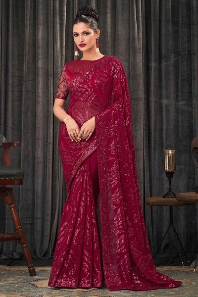Cherry Red Georgette Embellished Saree