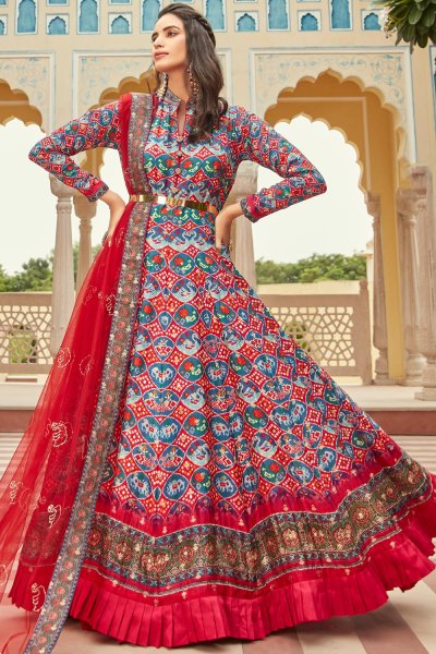 Red & Multicolor Silk Printed Anarkali Dress With Dupatta & Belt