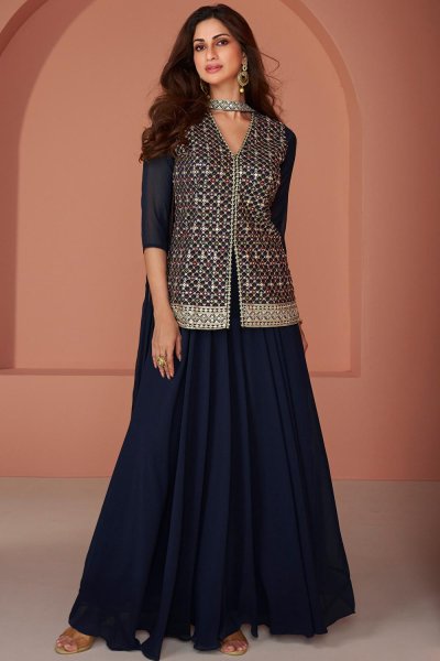 Navy Blue Georgette Embroidered Jacket Style Top With Palazzo & Dupatta