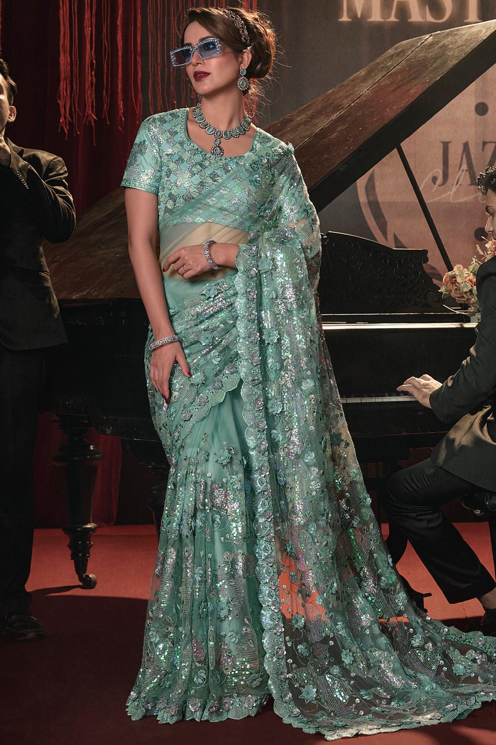 Sea Green Butterfly Net Graceful Embroidery Work Partywear Saree