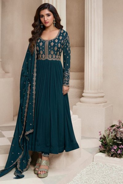 Teal Chinon Embroidered Anarkali Suit With Bottom & Dupatta