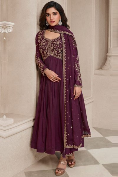 Wine Chinon Silk Embroidered Anarkali Suit With Bottom & Dupatta