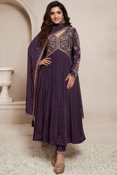 Plum Purple Chinon Silk Embroidered Anarkali Suit With Bottom & Dupatta